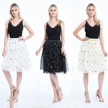 

2019 Summer Fashion 3 Layers Tulle Tutu Women Pleated Midi Skirt Petticoat Underskirt Floral Printed