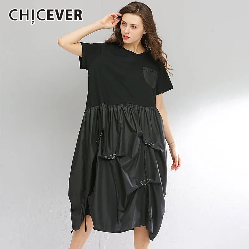 

CHICEVER Summer Casual Patchwork Pu Leather Hem Black Dress For Women O Neck Short Sleeve A-line Knee Length Dresses 2019 Tide