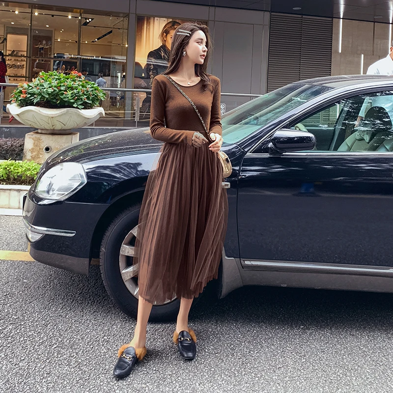 

2019 New Spring Winter Women dress Patchwork Mesh In Weaving Fairy Long Over-the-knee Sweater Inside A Render Dresses Brown 2220