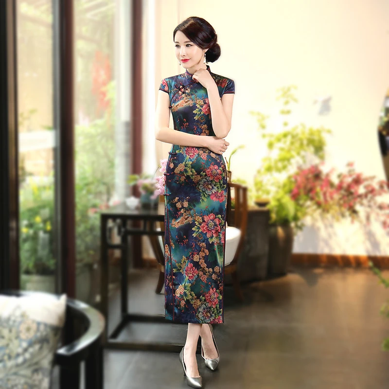 

Sheng Coco Women's Vintage Cheongsam Dresses Long Lady Satin Silk Printing Flower Shanghai Vintage Chinese Cheongsam Qi Pao 4XL
