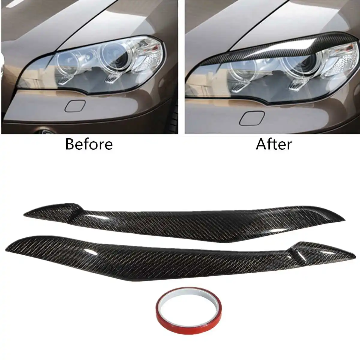 

1 Pair for BMW E70 X5 2007-2013 Carbon Fiber Headlight Eye Lid Covers Black Glossy UV-Coating Improves Appearance Stick-on