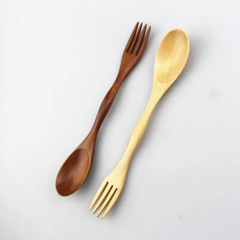 

Dual-use Portable Carrying Double-headed Wooden Spoon Fork Green Wood Tableware Eco-friendly Kitchen Accessories