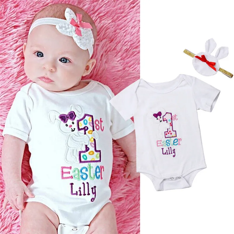 3PC Infant Baby Easter Day Rabbit Print Jumpsuit Romper+Pants+Headband Outfits