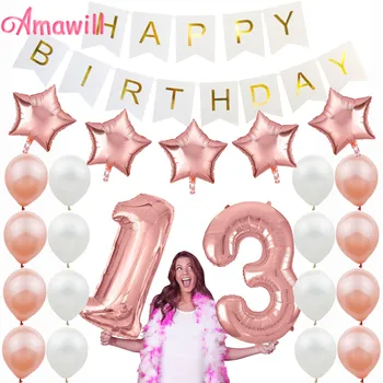 

Amawill Rose Gold 13th Birthday Decorations Birthday Party Supplies For Girls Latex Balloon Foil Star Happy Birthday Banner 7D
