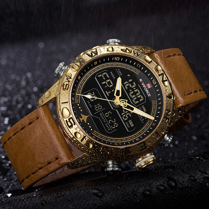 Luxury Brand Men NAVIFORCE 9144 Gold Army Military Watch Led Digital Leather Sports Watches Quartz
