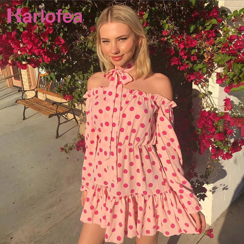 

Karlofea Summer Polka Dots Women Dress Ruffles A Line Sweet Outwear Mini Dress Bow Choker Off Shoulder Streetwear Pink Dresses
