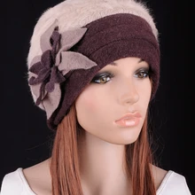 M604 Милая Цветочная зимняя теплая бежевая кроличья шерсть с коричневыми полями, модная женская шапка, шапка бини, выберите цвет