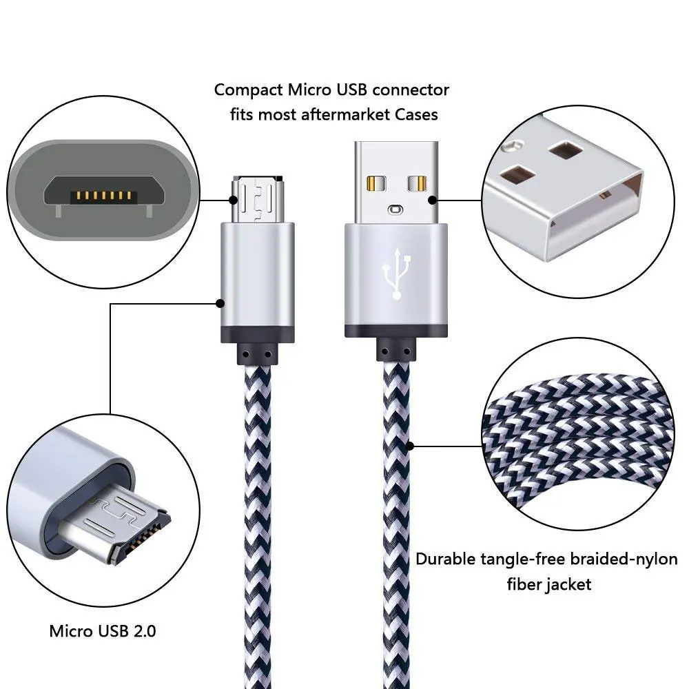 المصغّر USB كابل 2A سريع شحن النايلون USB مزامنة بيانات الهاتف المحمول كابل شاحن أندروز لسامسونج سوني HTC LG هواوي كابل