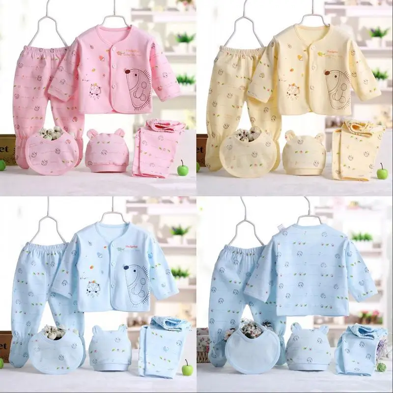 

5pcs Baby Underwear Set 100% Breathable Cotton Baby Hat Bib Top 2 Pair Of Pants