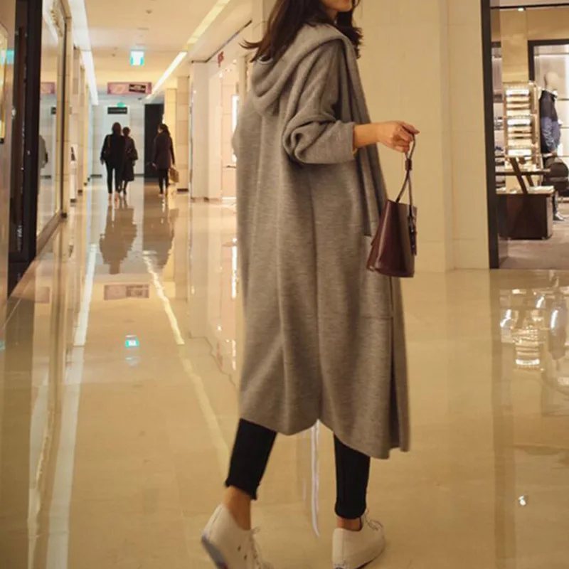 Women Gray Warm Coat Loose Knit Sweater Cardigan Oversize Outwears