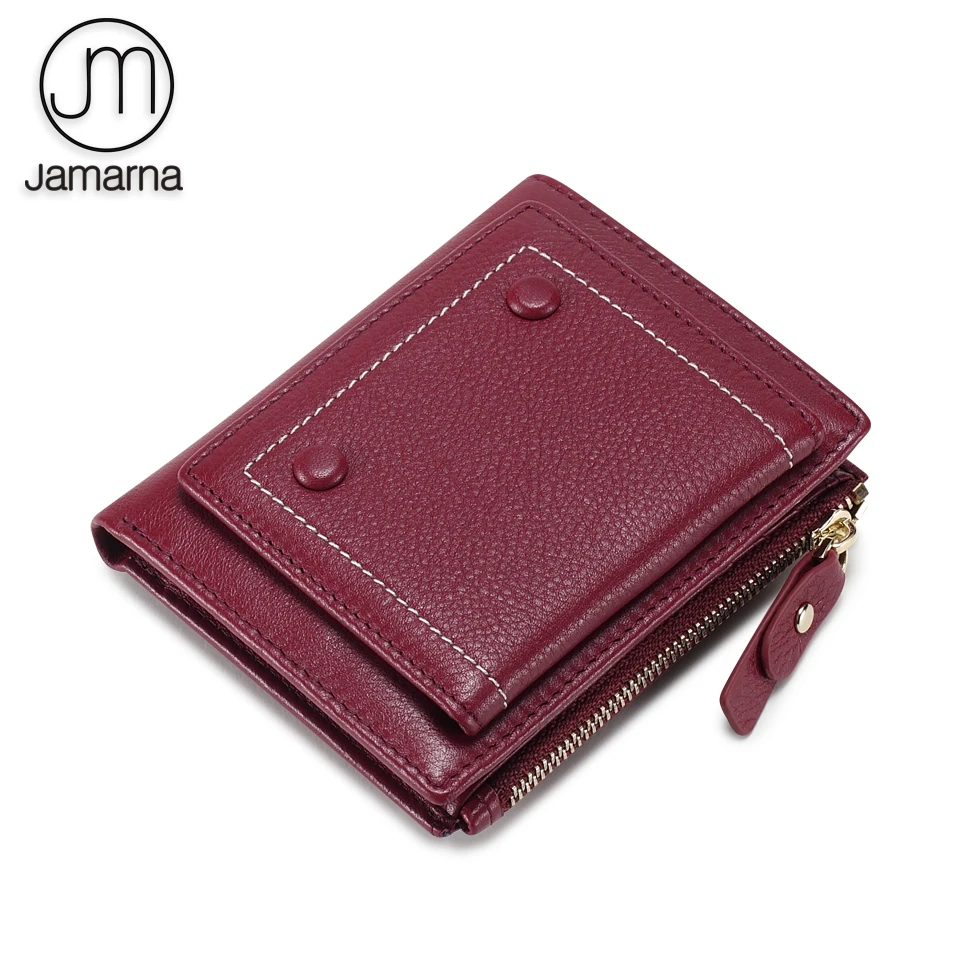 

Jamarna Wallet Female Genuine Leather Cow Skin Slim Coin Purse Card Holder Zipper Pocket Small Short Women Wallet Purse Red