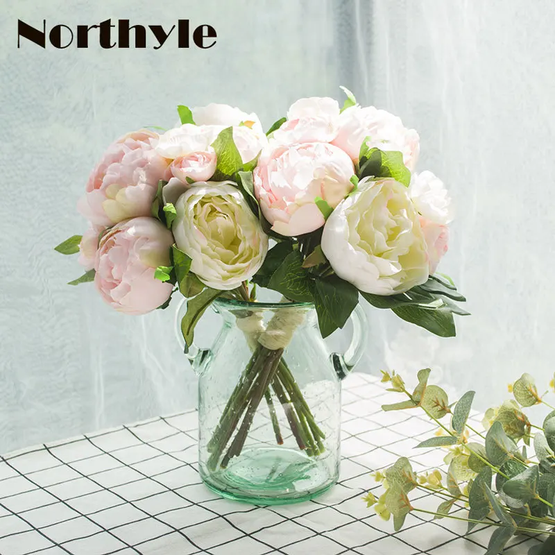 

Modern Peony Camellia Bouquet Suit 2pcs*Peony Camellia Bouquet* 1 Pcs Glass Vase Wedding Decoration Artificial Potted Flowers