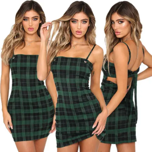 

2019 Women's Summer Beach Green Plaid Sleeveless Backless Checks Spaghetti Strap Hollow Out Mini Dresses