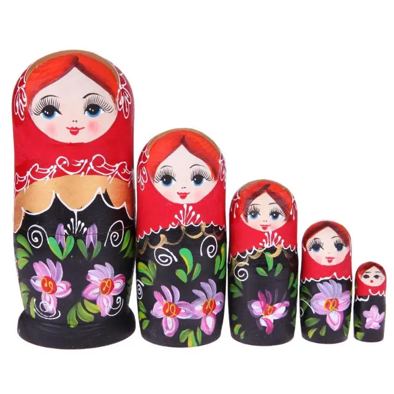 5pcs Black Red Girl Russian Matryoshka Dolls Toy Set Wooden Nesting Dolls Best Birthday Xmas Crafts Toys Gift for Girls Boys Kid