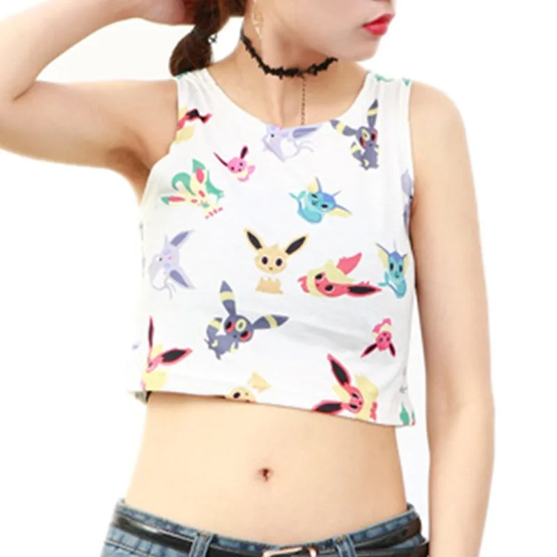 

Summer Harajuku Sexy Girls Navel Tank Top Pokemon Pocket Monster Pikachu Eevee Print Bustier Crop Tops Vest Camisole Short Shirt