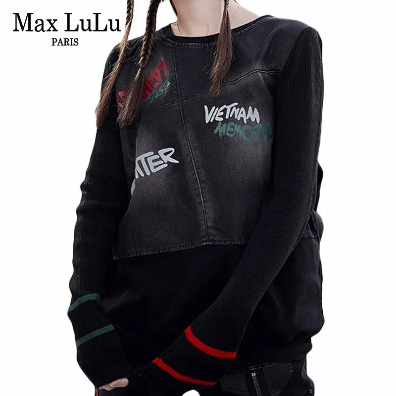 

Max LuLu Famous Brand Ladies Punk Knitted Tops Tee Shirts Womens Denim Long Sleeve T-shirt Vintage Ladies Harajuku Winter Tshirt