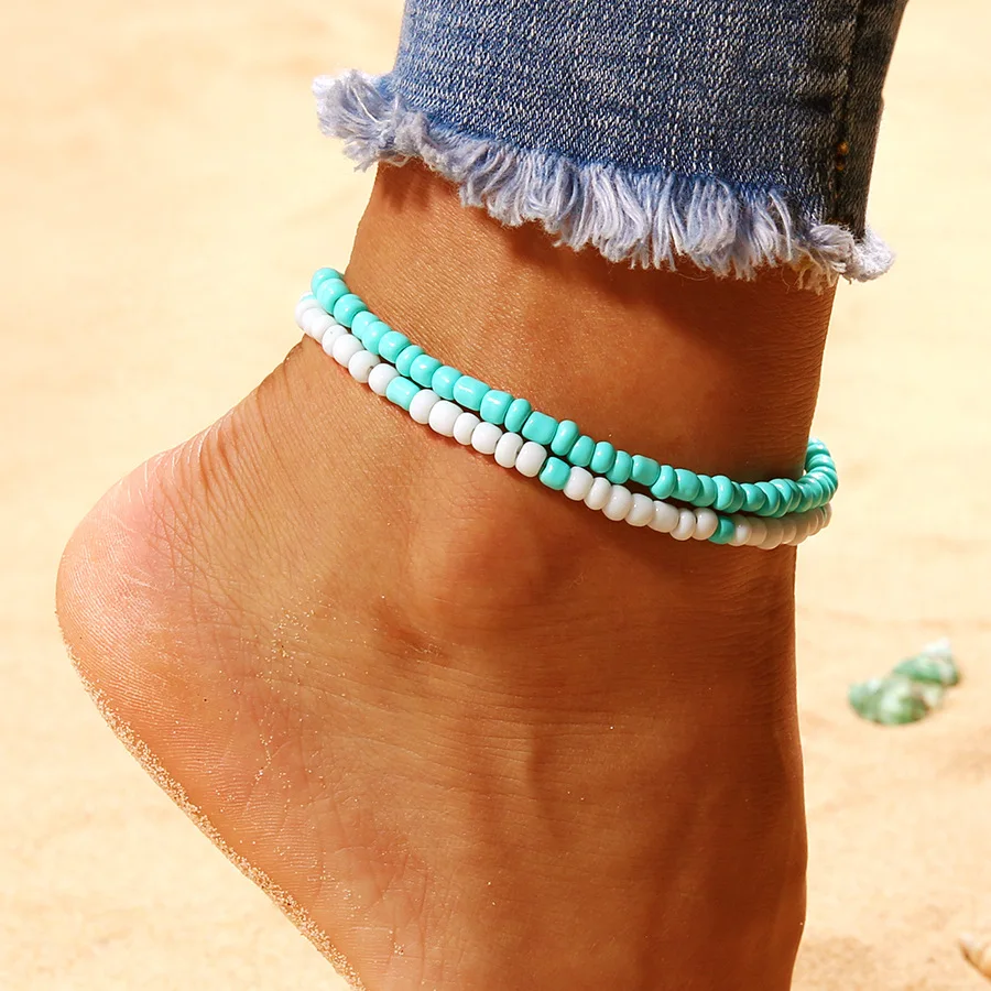 

Aliexpress fashion cuff European and American jewelry cuff double bead women's anklets wholesale Popular beach anklets