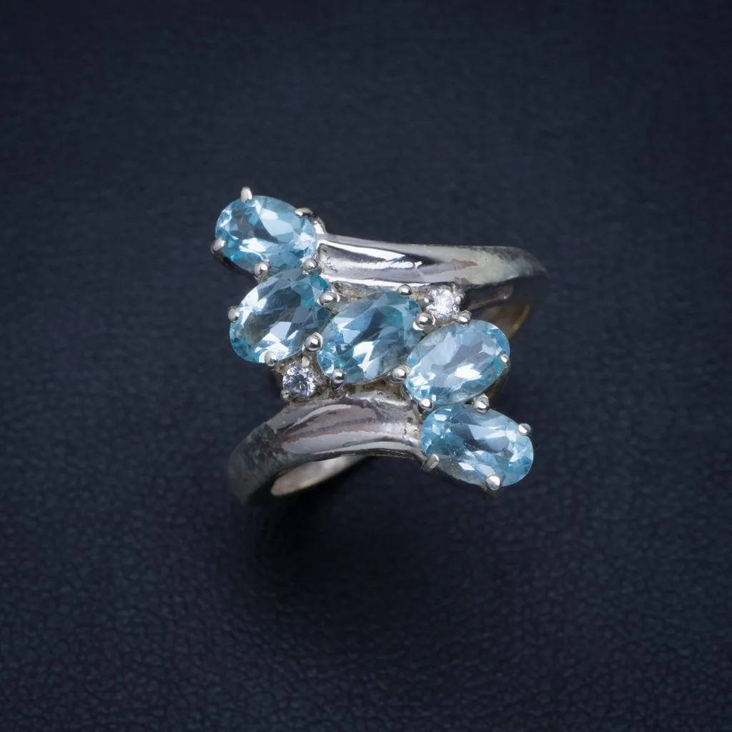 Природный Голубой топаз и циркон ручной работы, уникальные кольцо из стерлингового серебра 925 7 A4017