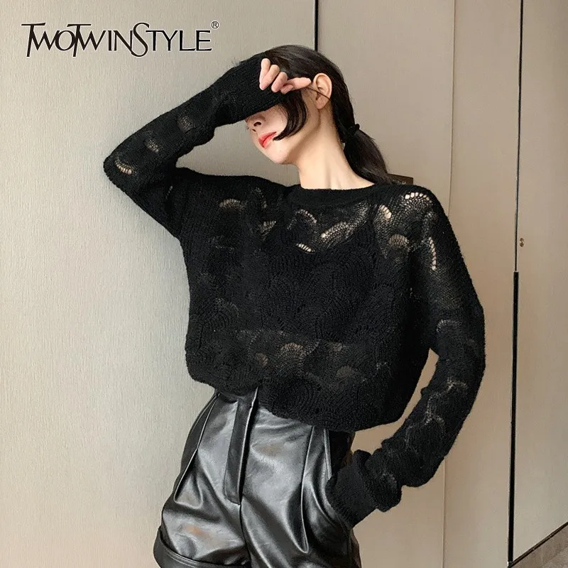 TWOTWINSTYLE Korean Hollow Out Sweater Women O Neck Long Sleeve Perspective Oversized Pullover Tops Spring 2019 Fashion | Женская одежда