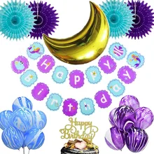 27pcs/set Mermaid Party Birthday Party Decorations With Happy Birthday Banner Birthday Cake Topper Marble Metallic Balloons