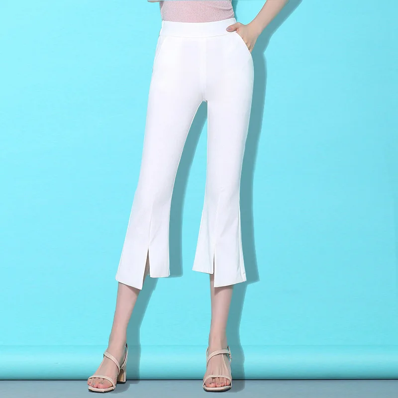 

2019 Summer New Fahison Capris Casual High Waist Calf-length Pants Female White Black Women Split Flare Pants Plus Size M-4XL