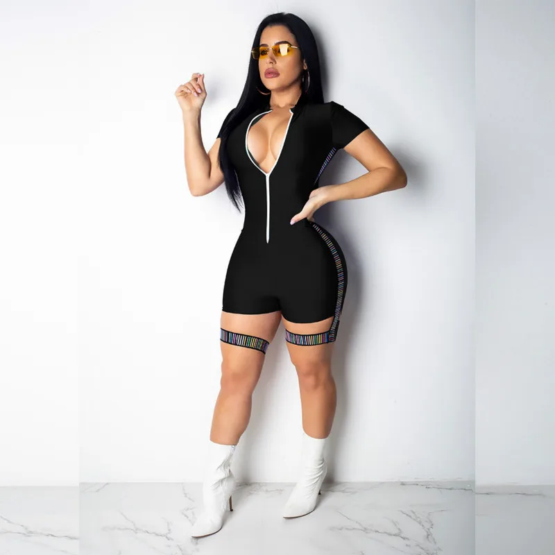 

Fashion Fitness Shorts Jumpsuits Female Short Sleeve 2019 Summer Spring Zipper Solid Color Gym Clothing For Women Playsuit Sexy