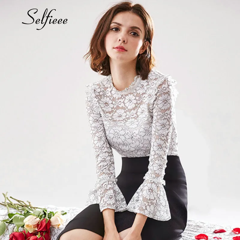 

New Spring Autumn Ladies White Blusas Women's Long Sleeve Lace Crochet Tops Blouses Women Clothing Feminine Blouse Plus Size