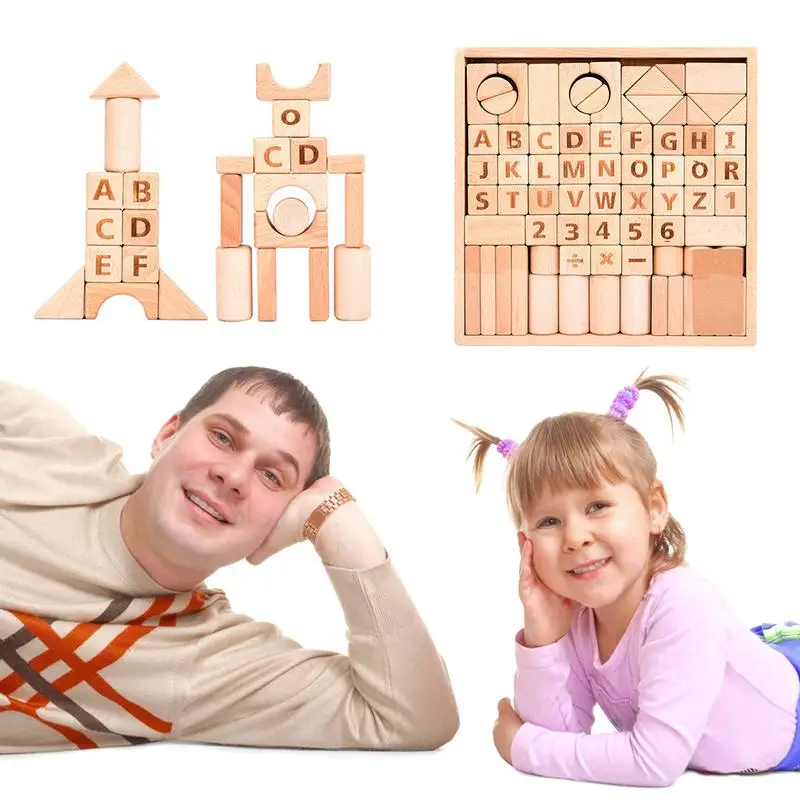 

82pcs Wooden Unpainted Building Blocks Alphanumeric Wooden Boxed Logs Children's Early Education Enlightenment Toys