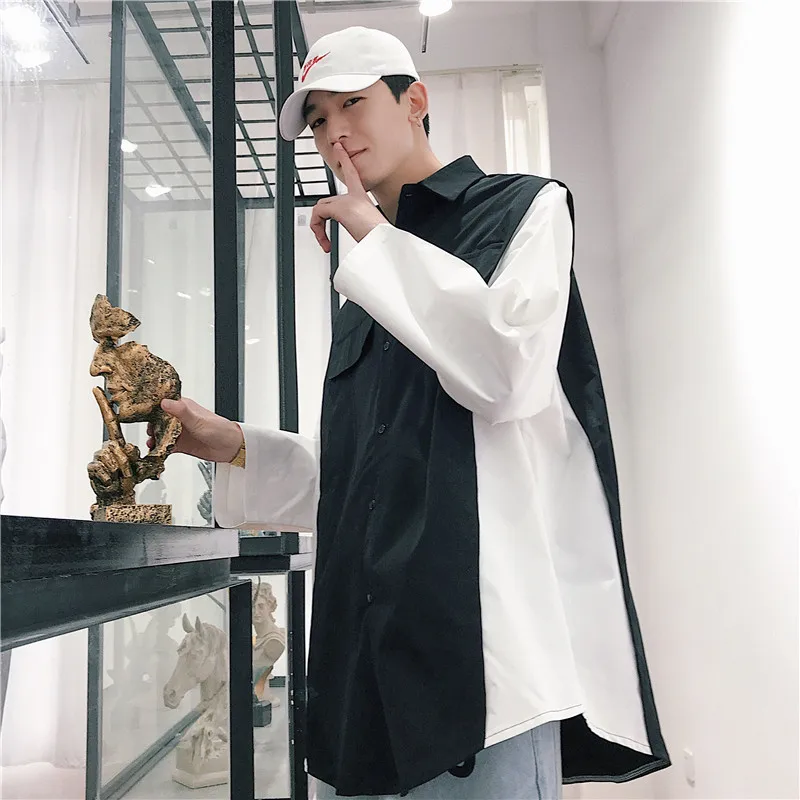 

Men's Shirt 2019 Spring And Summer Contrast Color Splicing Foundation Long Sleeve Tide Men Loose Casual Personality Couple Shirt