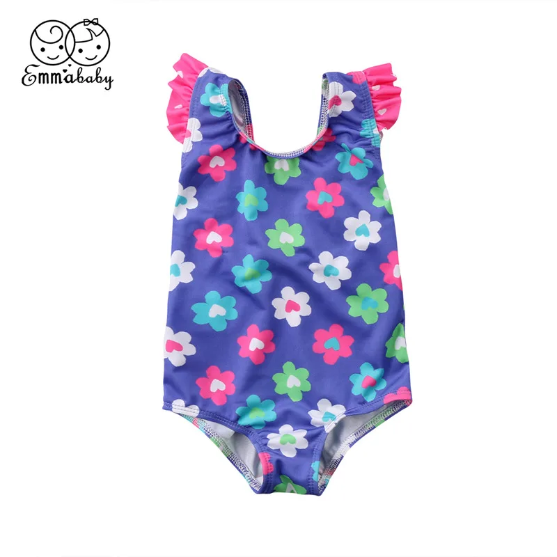 Baby Girls One-piece Flower Printed Swimsuit Little Girl Ruffles Sleeveless Sunsuit Swimming Costume Floral Bodysuit Clothing