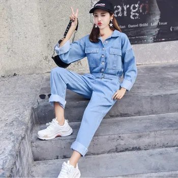 

2019 Fashion Streetwear Style Denim Overalls Women Long Sleeve Bodysuit High Waist Jeans Bodycon Romper Wide Leg Jumpsuit tll018
