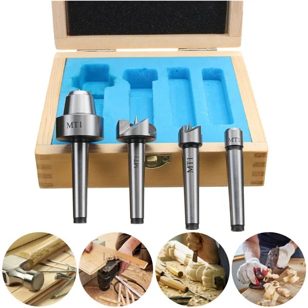 

MT1 4pcs/Set Live Center Drive Spur Driver Dead Center with Wooden Case for Metalworking Wood Lathe