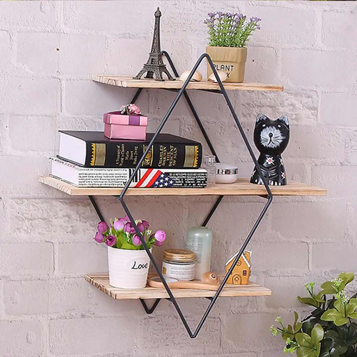 

3 Layers Rhombus Wall Unit Storage Rack Organizer Retro Wood Industrial Style Metal Wall Shelf Rack Storage Black Stand Holder