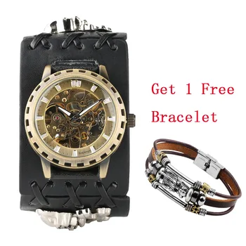 

Punk Cool Mechanical Watch Men Automatic Timepiece Skull Leather Wrist Watches Steampunk Watch for Men Casual Man Clock reloj
