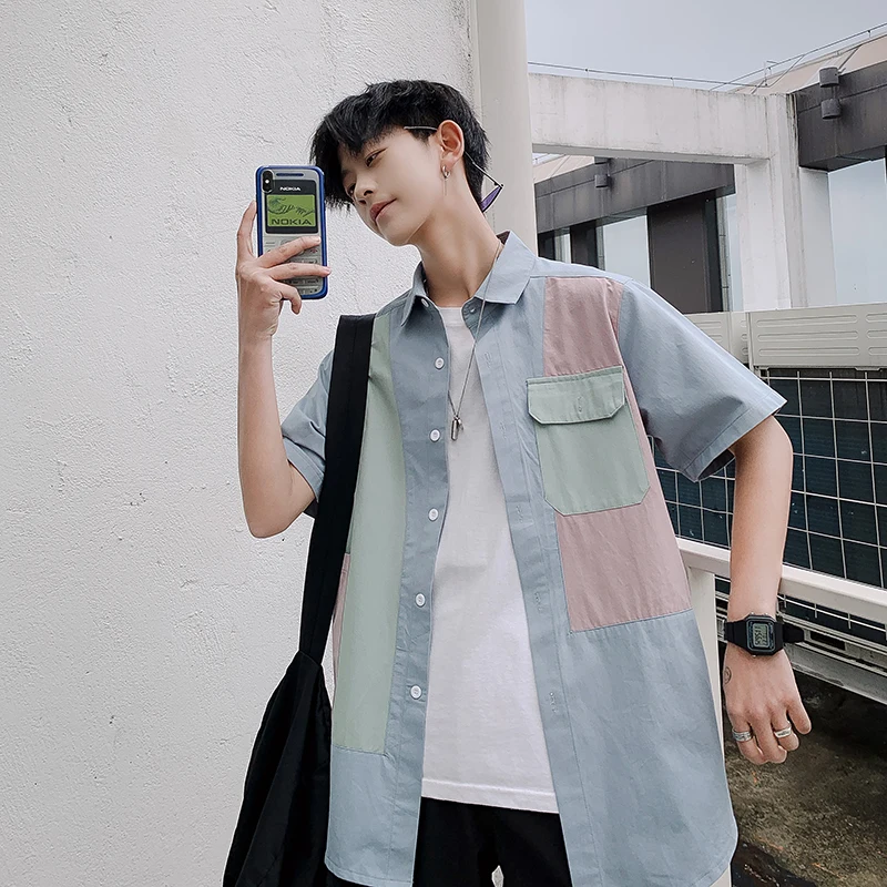 

Men's Shirts Summer New Youth Popular Loose Lapel Slim Port Wind Stitching Short Sleeve Personality Youth Casual Men's Clothing