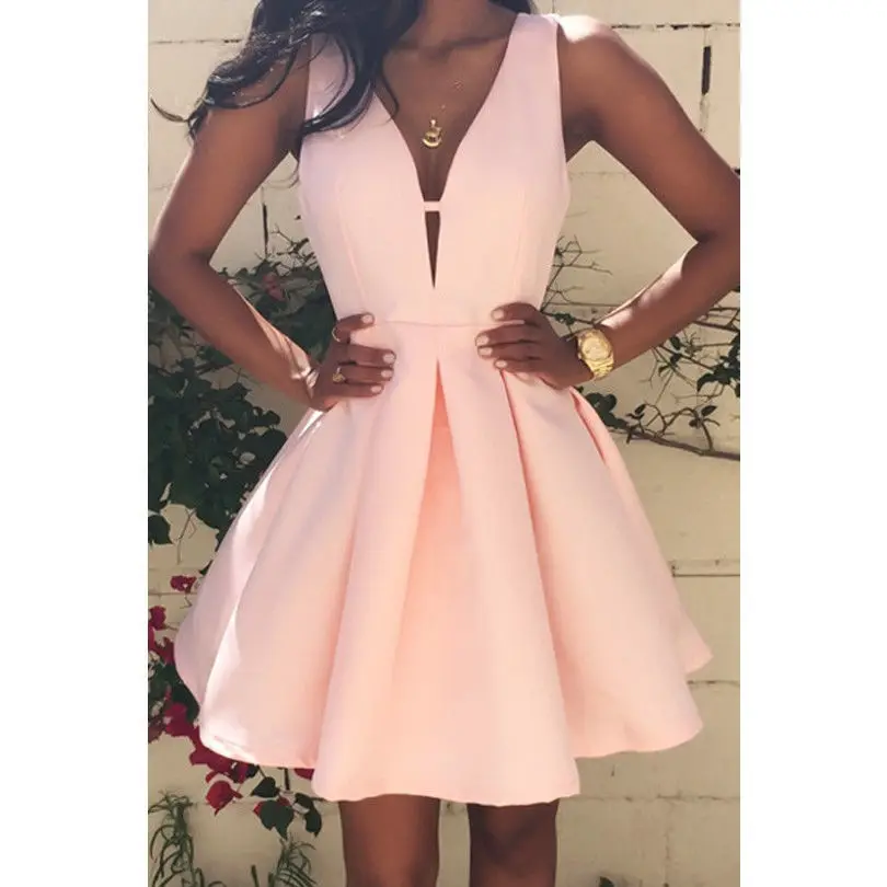 Модное летнее женское платье без рукавов с v-образным вырезом, Повседневные Вечерние мини-платья розового цвета