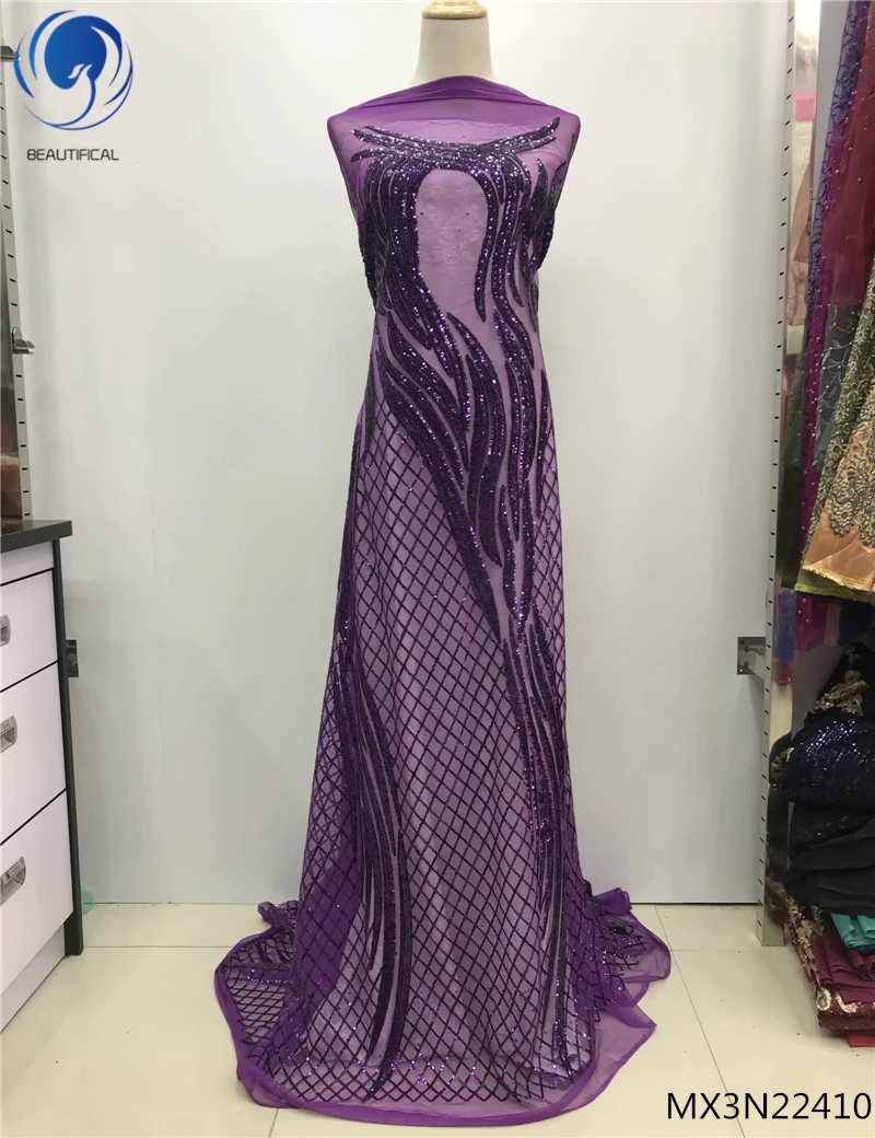 

Beautifical Latest African Lace Fabric 2018 High Quality Purple Lace Fabric Sequins Lace Fabric For Dresses Women MX3N224