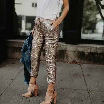 

Women Casual Pants High Waist Skinny Pants Sequined Glitter Lace Up Waist Trousers For Lady Clubwear Bottom Ankle Length Pant