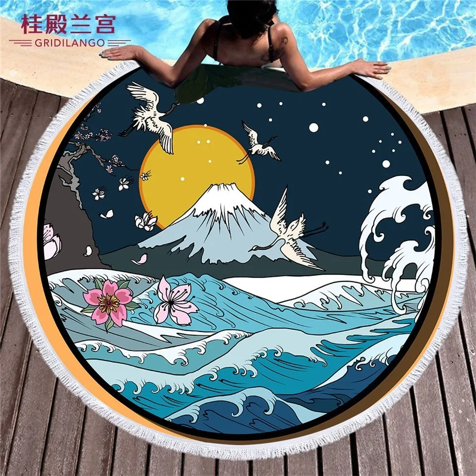

GRIDILANGO Ink Painting Pattern Round Beach Towel For Adult Quickly Absorbtable Swimming Travel Outdoor Yoga Mat Bath Towel