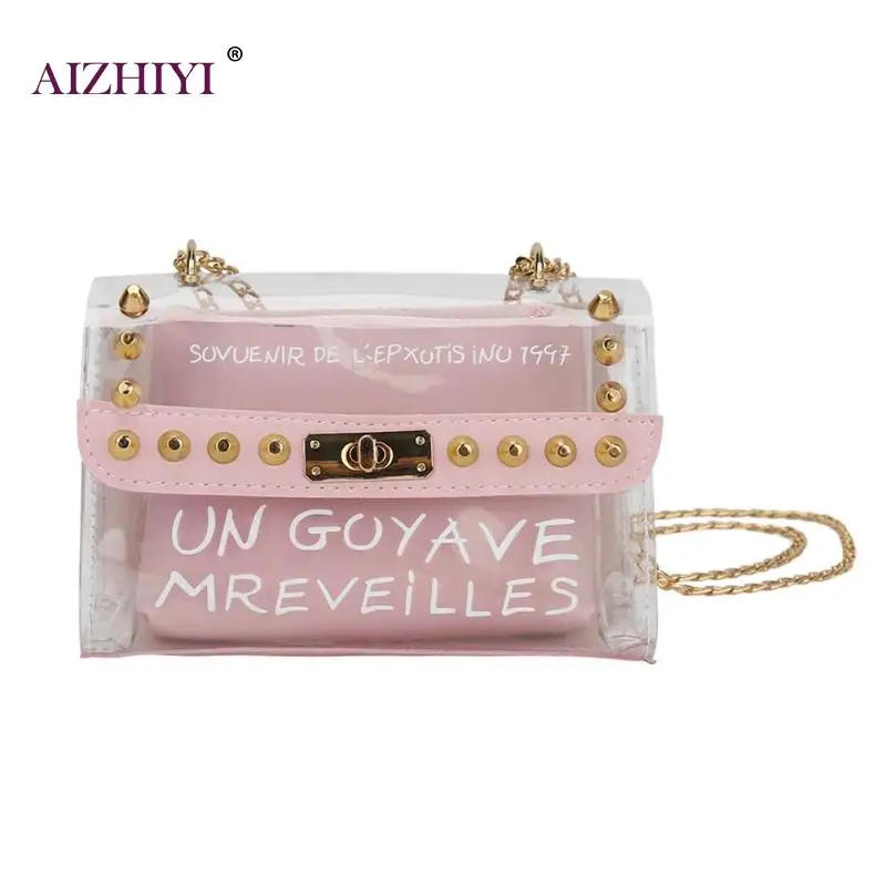 

Fashion Handbag for Girls PVC Transparent Women Bag Summer New Sweet Printed Letter Square Phone Bag Chain Shoulder Bags Bolsas
