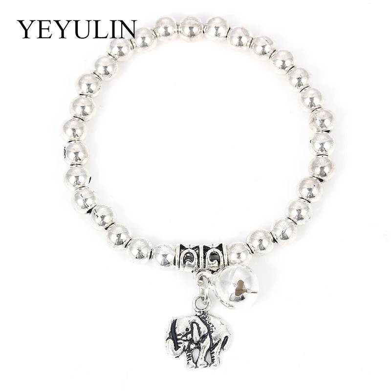الرجعية الفضة لهجة صلصلة الجرس الفيل الدب سلحفاة سحر قلادة سوار مطاطا الإمتداد الخرزة أساور للنساء مجوهرات هدية