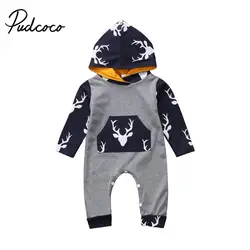 Для новорожденных Одежда для мальчиков и девочек из хлопка с изображением оленя с длинными рукавами с капюшоном комбинезон женский