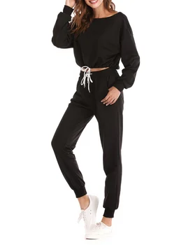 

Autumn Two Piece Set Tracksuit Women 2018 Long Sleeve Crop Top + Drawstring Pants Solid Casual Outfit Sweat Suit Yellow Black