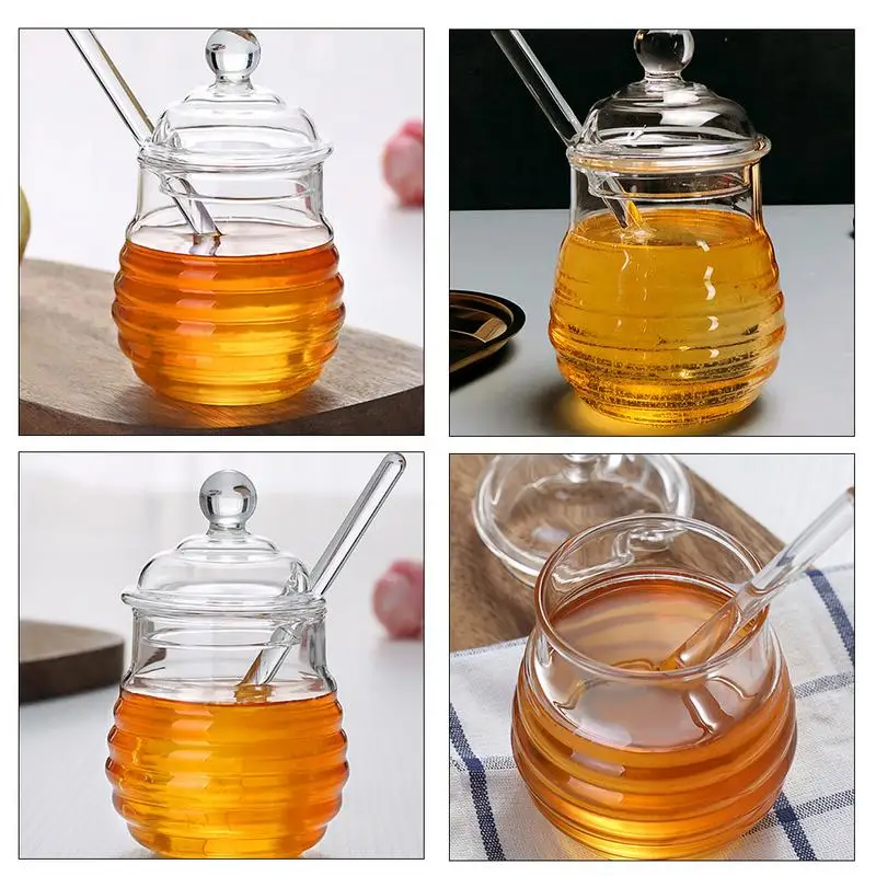 

300ml Safe Glass Honey Pot With Stirring Rod Durable Transparent Bee Honey Storage Jar Tasteful Creative Shape Quick Delivery