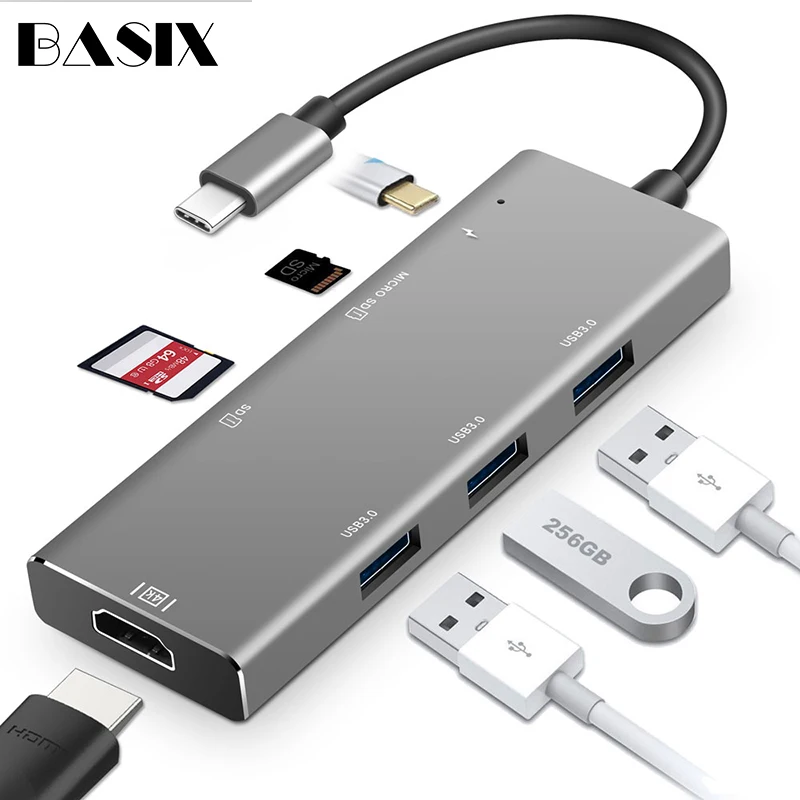 

Basix Usb c Hub USB C to HDMI 4k RJ45 Adapter PD Type-C USB 3.0 Port SD/TF Card Reader for Laptop MacBook Type C Hub Hdmi