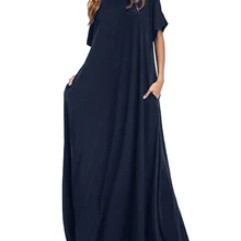 Женское однотонное длинное платье макси с коротким рукавом и круглым вырезом ZANZEA повседневное Свободное длинное элегантное платье бодикон платья плюс размер