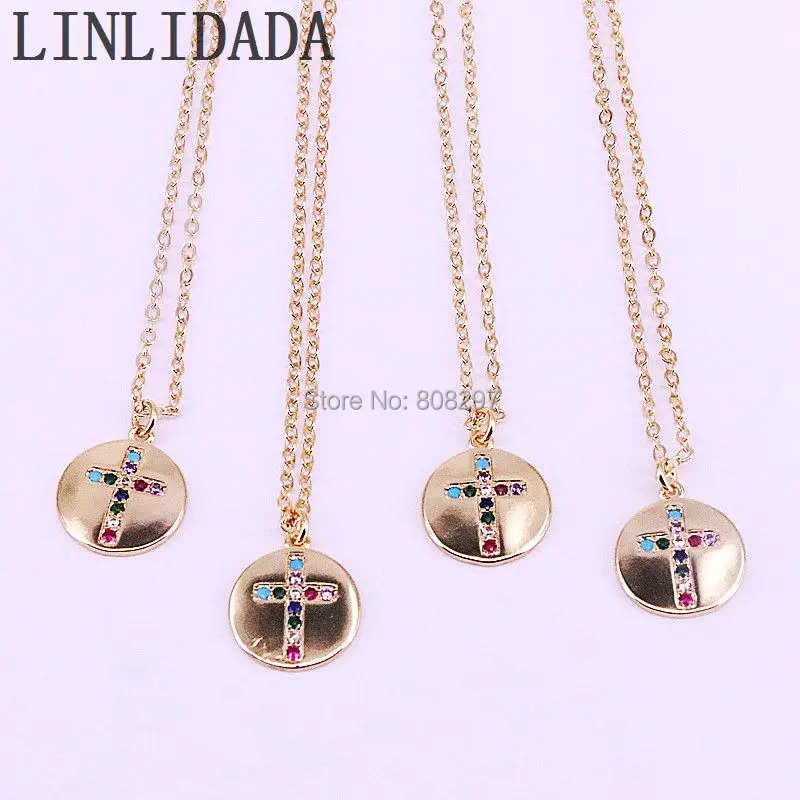 

New arrived 10Pcs gold color round cubic zirconia micro pave cross Pendant Necklace For Women Men Charm Jewelry