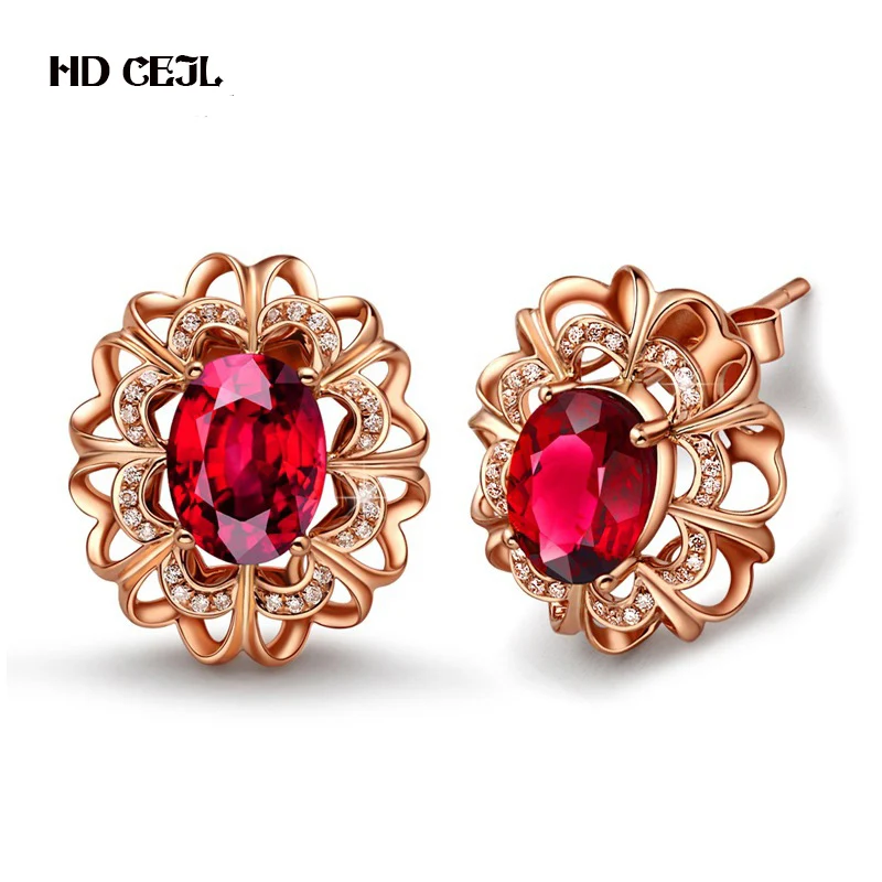 

European and American Fashion Classic Rose Gold Earrings Exquisite Red Crystal Women Wedding Elegant Simple Luxury Jewelry