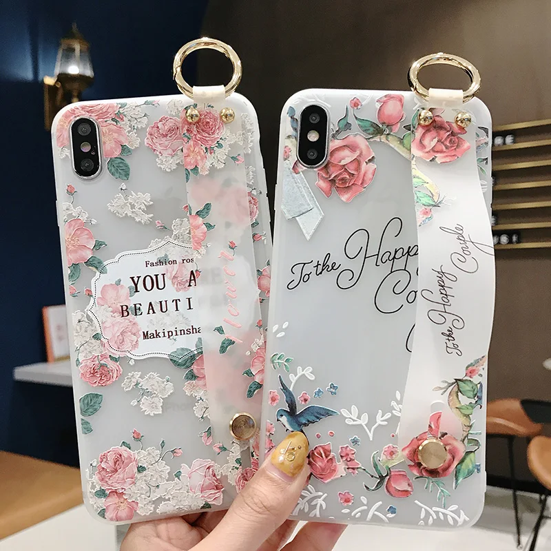 Wrist Strap Matte Case For Xiaomi Redmi K20 Pro 4X Note 7 6 5 Soft TPU Cover Mi 9 8 5X 6X 3D Relief Flower Stand Coqu |