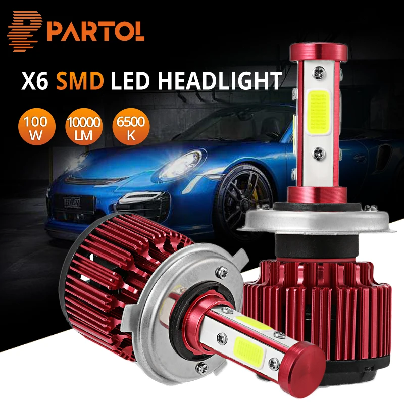

Partol H4 H7 H11 9005 9006 Car Led Headlight Bulbs Auto LED Headlamp COB Chips Hi-Lo Beam 100W 10000LM Pure White 6500K 12V 24V